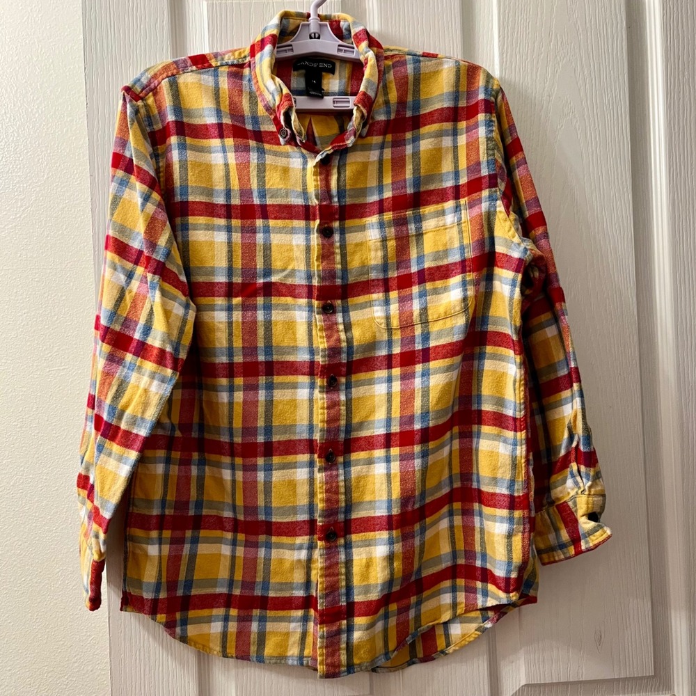 Lands End Flannel Shirt Men M 15.5" Yellow Red Plaid Traditional Fit 100% Cotton